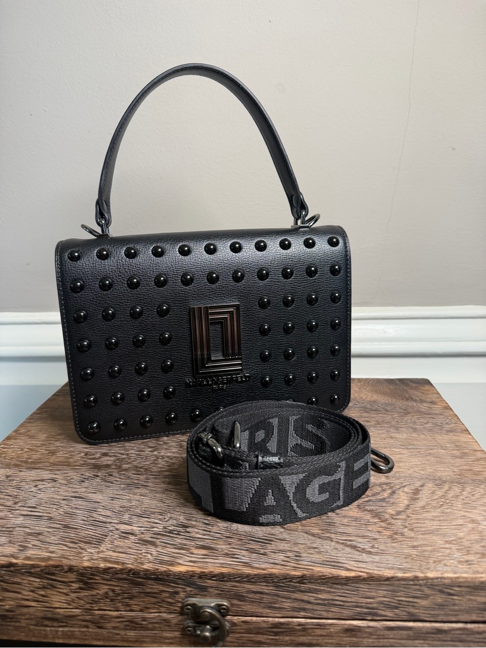 KL Black Studded Top-Handle Crossbody Bag with Detachable Strap